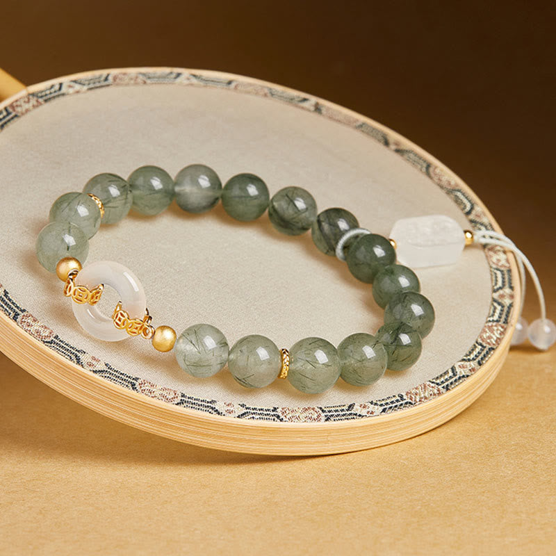 Bransoletka Buddha Stones ze srebra próby 925, zielonego kwarcu rutylowego, białego chalcedonu, zapięcia Peace Buckle Courage - image 2