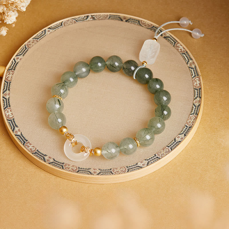 Bransoletka Buddha Stones ze srebra próby 925, zielonego kwarcu rutylowego, białego chalcedonu, zapięcia Peace Buckle Courage - image 1