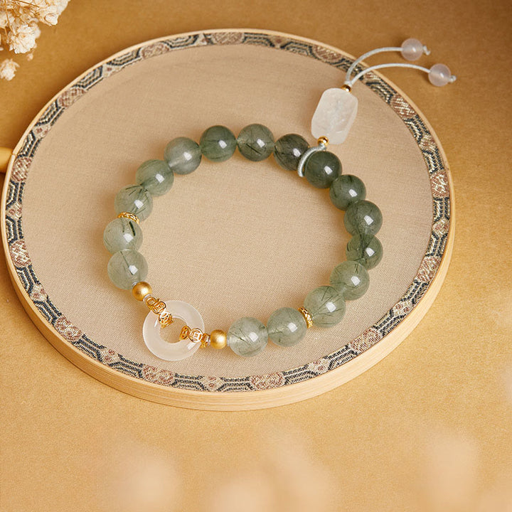 Bransoletka Buddha Stones ze srebra próby 925, zielonego kwarcu rutylowego, białego chalcedonu, zapięcia Peace Buckle Courage - image 1