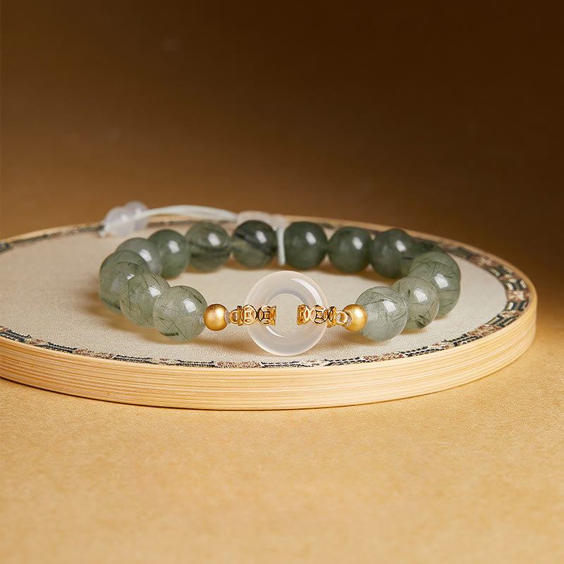 Bransoletka Buddha Stones ze srebra próby 925, zielonego kwarcu rutylowego, białego chalcedonu, zapięcia Peace Buckle Courage - Zielony kwarc rutylowy (obwód nadgarstka: 15-17 cm) - image 0