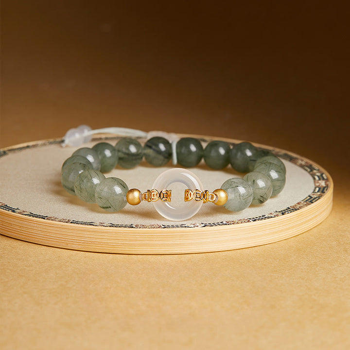 Bransoletka Buddha Stones ze srebra próby 925, zielonego kwarcu rutylowego, białego chalcedonu, zapięcia Peace Buckle Courage - Zielony kwarc rutylowy (obwód nadgarstka: 15-17 cm) - image 0