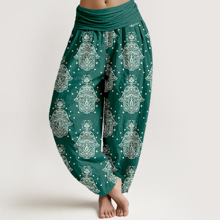 Spodnie haremowe damskie z elastyczną talią i bawełnianymi Buddha Stones, starannie ułożonymi w kształcie dłoni Hamsy - SeaGreen - US16, UK/AU20, EU48 (3XL) - image 0
