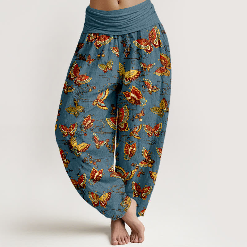 Damskie spodnie haremowe z elastyczną talią i kolorowym wzorem motyli z motywem Buddha Stones - Stalowoniebieski - US16, UK/AU20, EU48 (3XL) - image 5