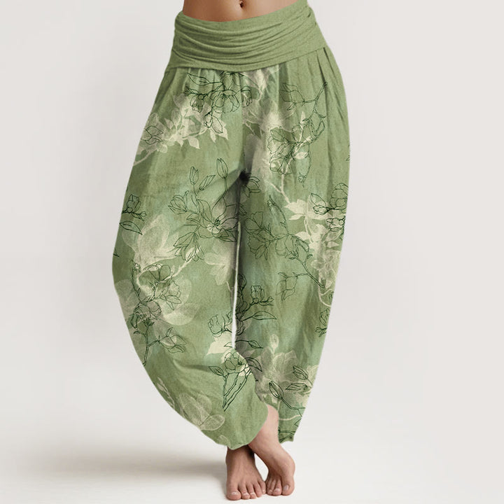 Damskie spodnie haremowe z elastyczną talią i bawełnianym wzorem świeżych kwiatów "Buddha Stones" - Żółtozielony - US16, UK/AU20, EU48 (3XL) - image 0