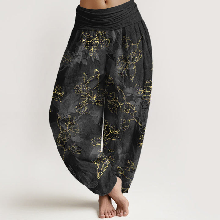 Damskie spodnie haremowe z elastyczną talią i bawełnianym wzorem świeżych kwiatów "Buddha Stones" - Czarny - US16, UK/AU20, EU48 (3XL) - image 5