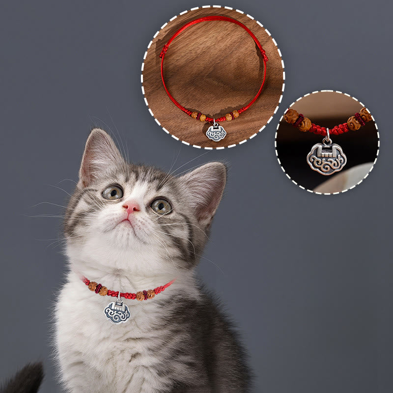 Buddha Stones Srebrna blokada długowieczności Czerwony sznurek Koraliki z drewna brzoskwiniowego Ochrona Regulowana obroża dla kotów i małych psów - image 15