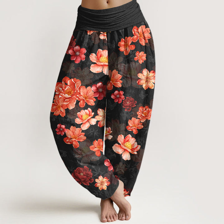 Damskie spodnie haremowe z elastyczną talią i bawełnianym wzorem w kwiaty z motywem Buddha Stones - Czarny - US16, UK/AU20, EU48 (3XL) - image 0