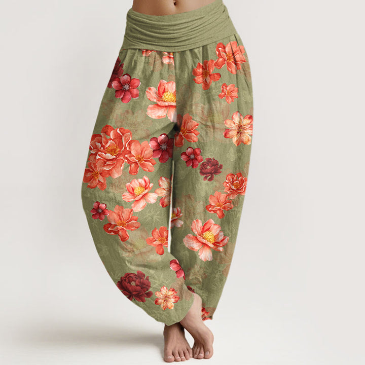 Damskie spodnie haremowe z elastyczną talią i bawełnianym wzorem w kwiaty z motywem Buddha Stones - Żółtozielony - US16, UK/AU20, EU48 (3XL) - image 5