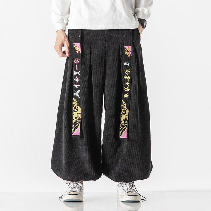 Spodnie sztruksowe męskie z kieszeniami, sznurowane, jesień/zima, z haftowanymi chińskimi znakami, z motywem Buddha Stones - Czarny - US/UK/AU46， EU56 (5XL) - image 0