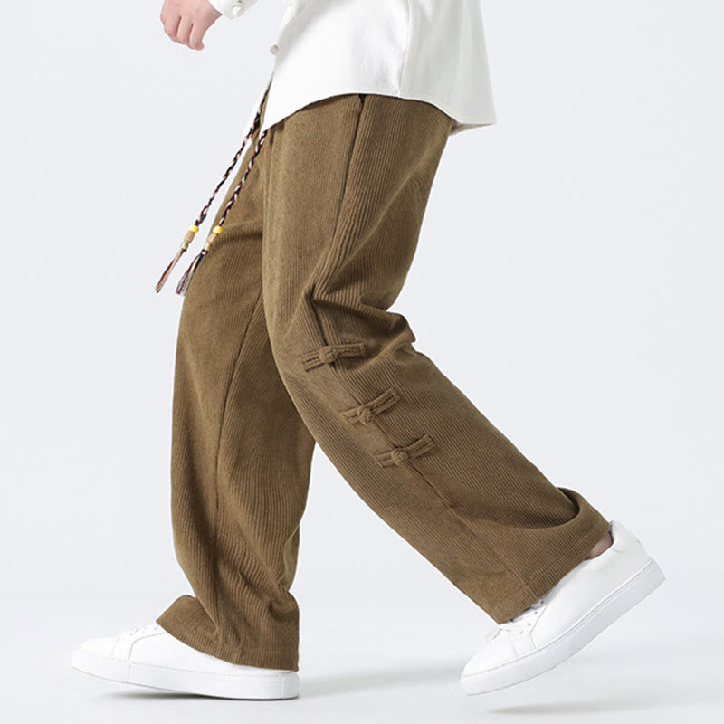 Spodnie męskie z prostymi nogawkami i ściągaczem z materiału sztruksowego Buddha Stones Fall Solid Frog-Button z kieszeniami - image 7