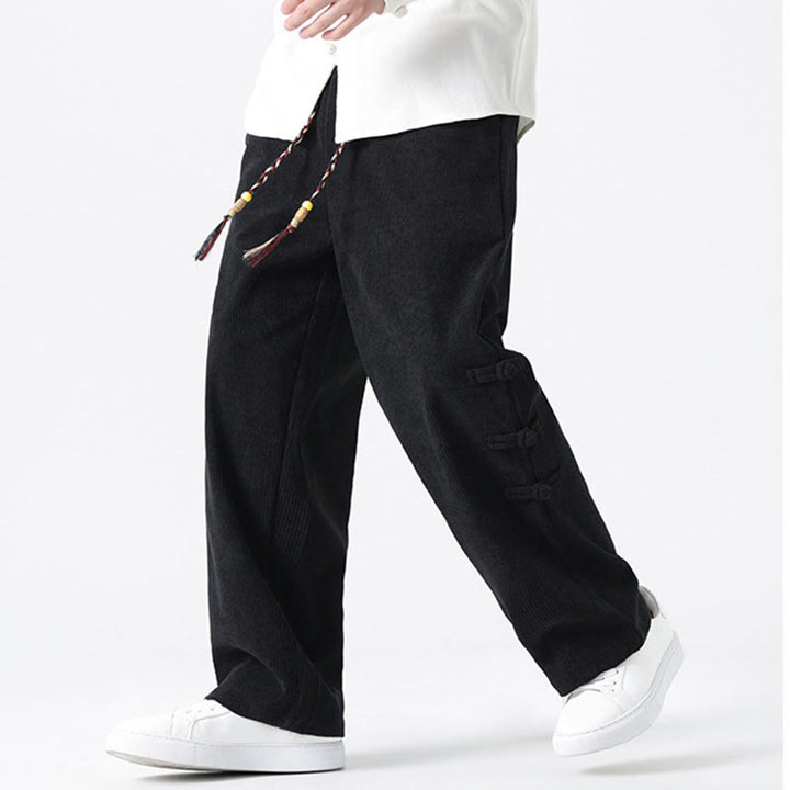 Spodnie męskie z prostymi nogawkami i ściągaczem z materiału sztruksowego Buddha Stones Fall Solid Frog-Button z kieszeniami - image 14