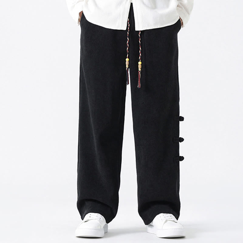 Spodnie męskie z prostymi nogawkami i ściągaczem z materiału sztruksowego Buddha Stones Fall Solid Frog-Button z kieszeniami - Czarny - US/UK/AU46， EU56 (5XL) - image 12