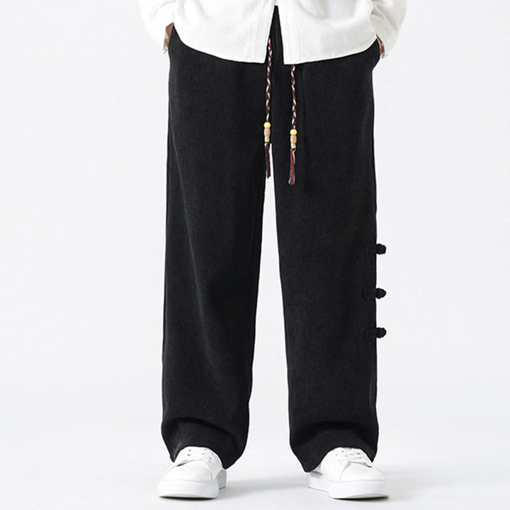 Spodnie męskie z prostymi nogawkami i ściągaczem z materiału sztruksowego Buddha Stones Fall Solid Frog-Button z kieszeniami - Czarny - US/UK/AU46， EU56 (5XL) - image 12