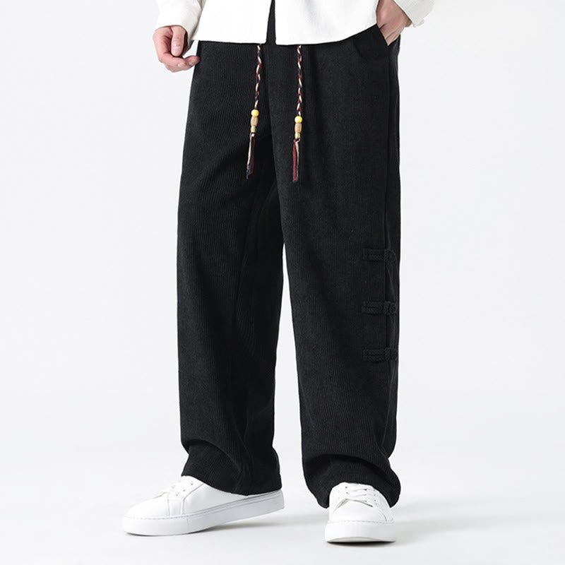 Spodnie męskie z prostymi nogawkami i ściągaczem z materiału sztruksowego Buddha Stones Fall Solid Frog-Button z kieszeniami - image 18