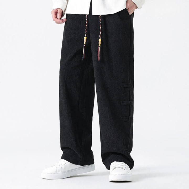 Spodnie męskie z prostymi nogawkami i ściągaczem z materiału sztruksowego Buddha Stones Fall Solid Frog-Button z kieszeniami - image 18