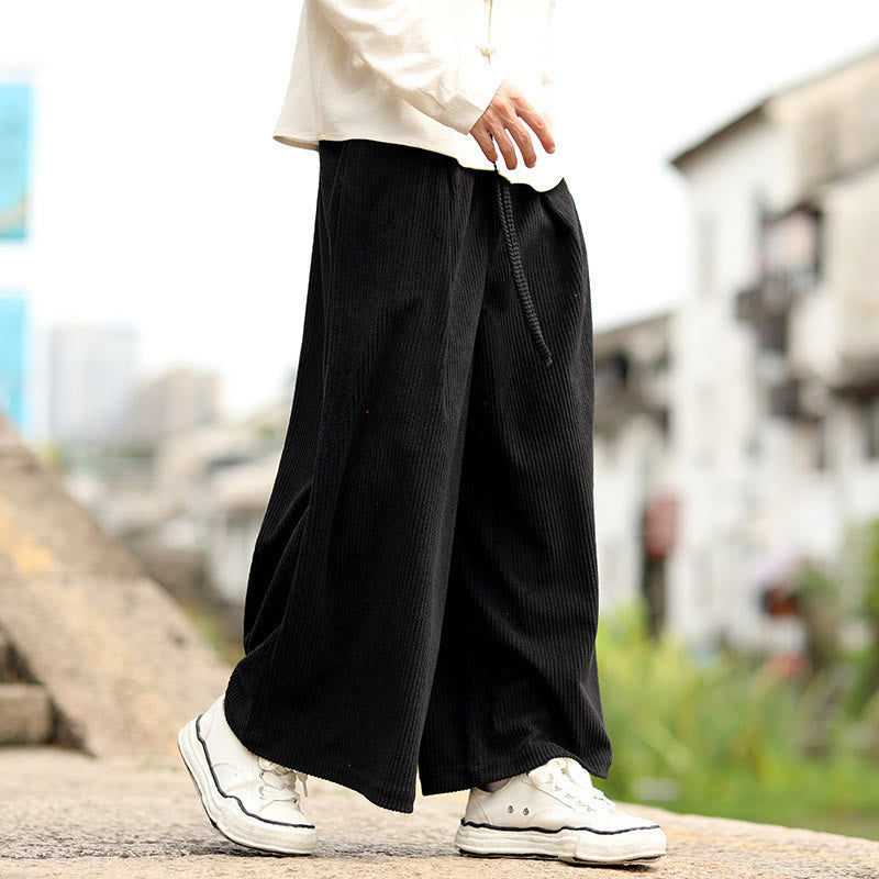 Spodnie męskie z szerokimi nogawkami i kieszeniami, z materiału sztruksowego Buddha Stones Fall w jednolitym kolorze i ze ściągaczem - Czarny - US/UK/AU46， EU56 (5XL) - image 6