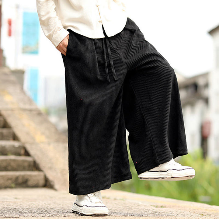 Spodnie męskie z szerokimi nogawkami i kieszeniami, z materiału sztruksowego Buddha Stones Fall w jednolitym kolorze i ze ściągaczem - image 12