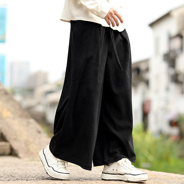 Spodnie męskie z szerokimi nogawkami i kieszeniami, z materiału sztruksowego Buddha Stones Fall w jednolitym kolorze i ze ściągaczem - image 9