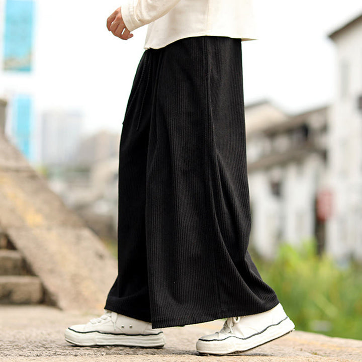 Spodnie męskie z szerokimi nogawkami i kieszeniami, z materiału sztruksowego Buddha Stones Fall w jednolitym kolorze i ze ściągaczem - image 10