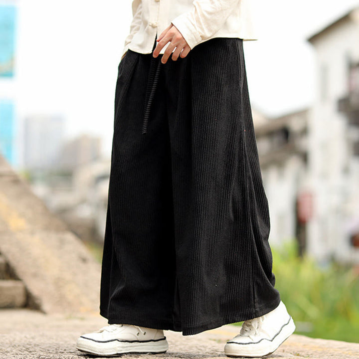 Spodnie męskie z szerokimi nogawkami i kieszeniami, z materiału sztruksowego Buddha Stones Fall w jednolitym kolorze i ze ściągaczem - image 11