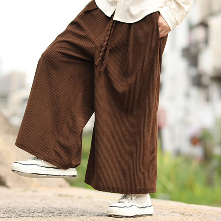 Spodnie męskie z szerokimi nogawkami i kieszeniami, z materiału sztruksowego Buddha Stones Fall w jednolitym kolorze i ze ściągaczem - image 19