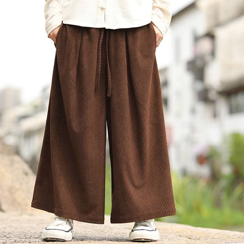 Spodnie męskie z szerokimi nogawkami i kieszeniami, z materiału sztruksowego Buddha Stones Fall w jednolitym kolorze i ze ściągaczem - image 15