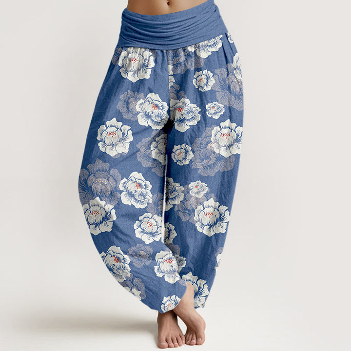 Eleganckie, damskie spodnie haremowe z elastyczną talią i wzorem w białe kwiaty z motywem Buddha Stones - RoyalBlue - US16, UK/AU20, EU48 (3XL) - image 5
