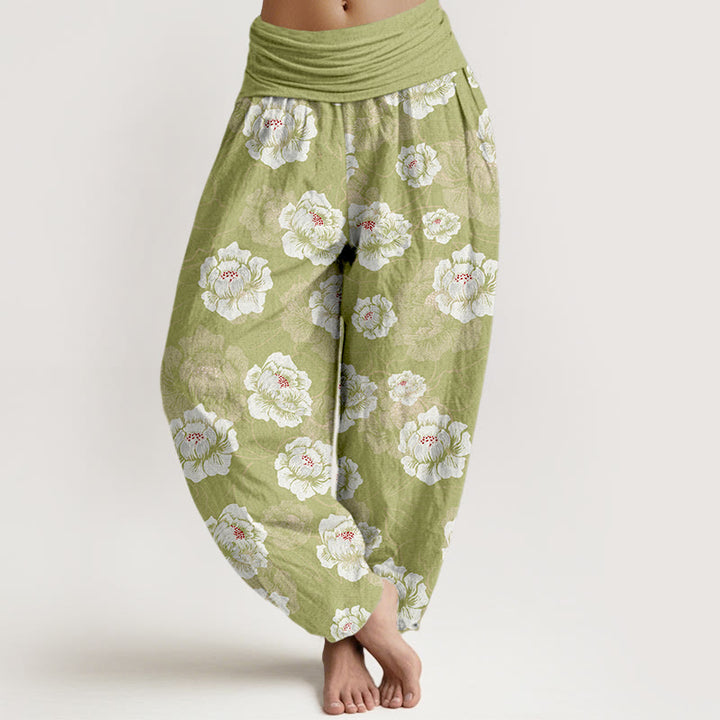 Eleganckie, damskie spodnie haremowe z elastyczną talią i wzorem w białe kwiaty z motywem Buddha Stones - Żółtozielony - US16, UK/AU20, EU48 (3XL) - image 8
