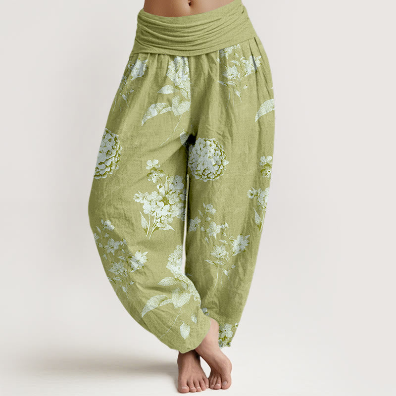 Spodnie haremki damskie z elastyczną talią i bawełnianym wzorem w kwiaty hortensji z Buddha Stones - Żółtozielony - US16, UK/AU20, EU48 (3XL) - image 8