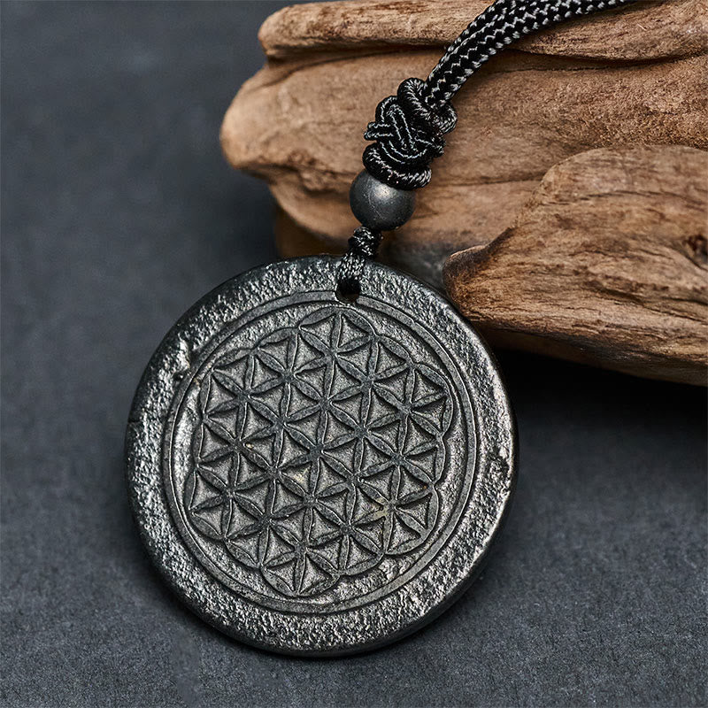 Naszyjnik z Buddha Stones Kwiat Życia z autentycznym kamieniem szungitowym i ochroną - image 1