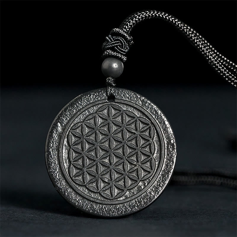 Naszyjnik z Buddha Stones Kwiat Życia z autentycznym kamieniem szungitowym i ochroną - Kwiat Życia (rzeźba reliefowa) - 35-40 mm - image 0