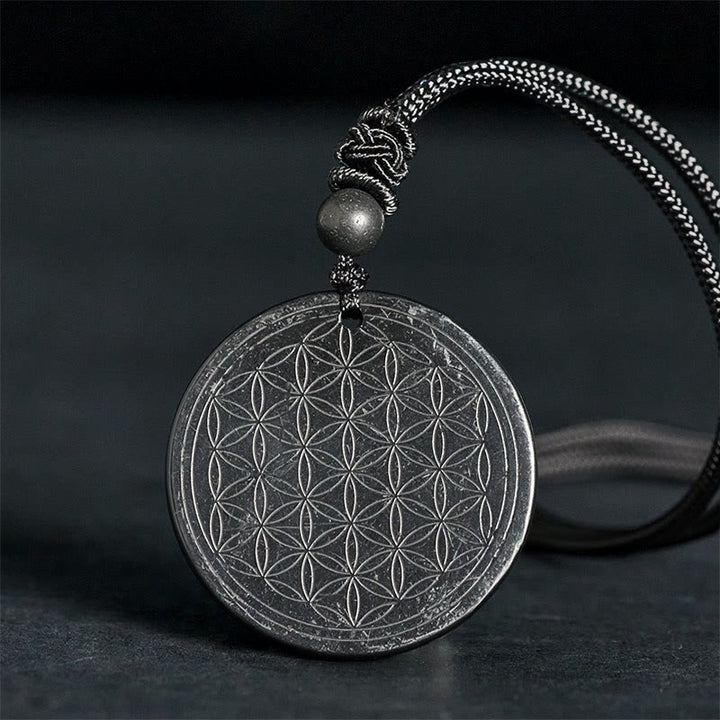 Naszyjnik z Buddha Stones Kwiat Życia z autentycznym kamieniem szungitowym i ochroną - Kwiat Życia (Rzeźba wklęsła) - 35-40 mm - image 9