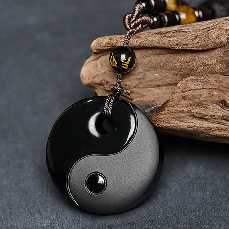 Buddha Stones Yin Yang z symbolem Om Mani Padme Hum i czarnym obsydianem. Wisiorek. - image 3