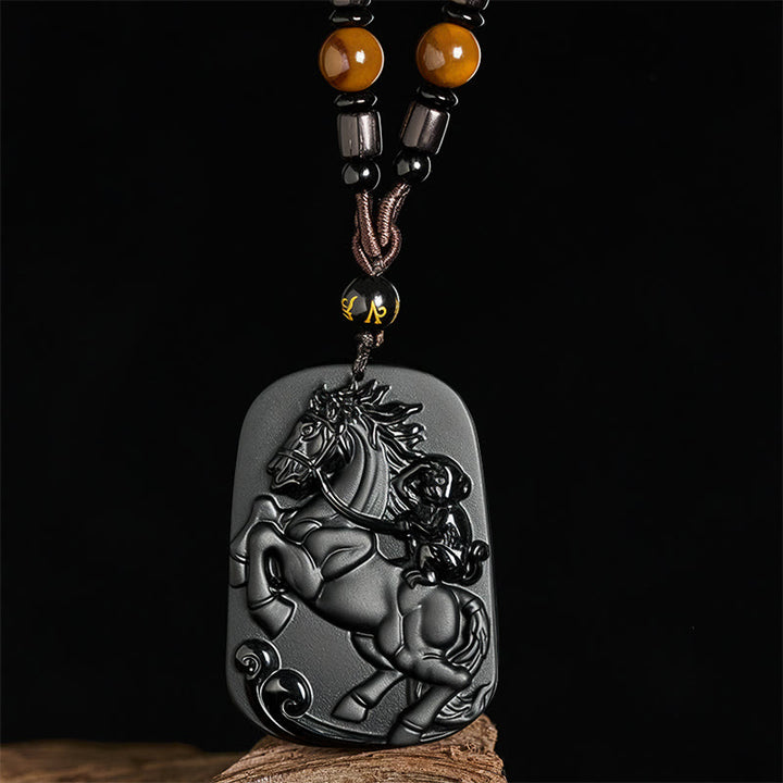 Buddha Stones Rok Konia Wzór Małpy Om Mani Padme Hum Czarny Obsydian Naszyjnik Siła Wisiorek - image 2