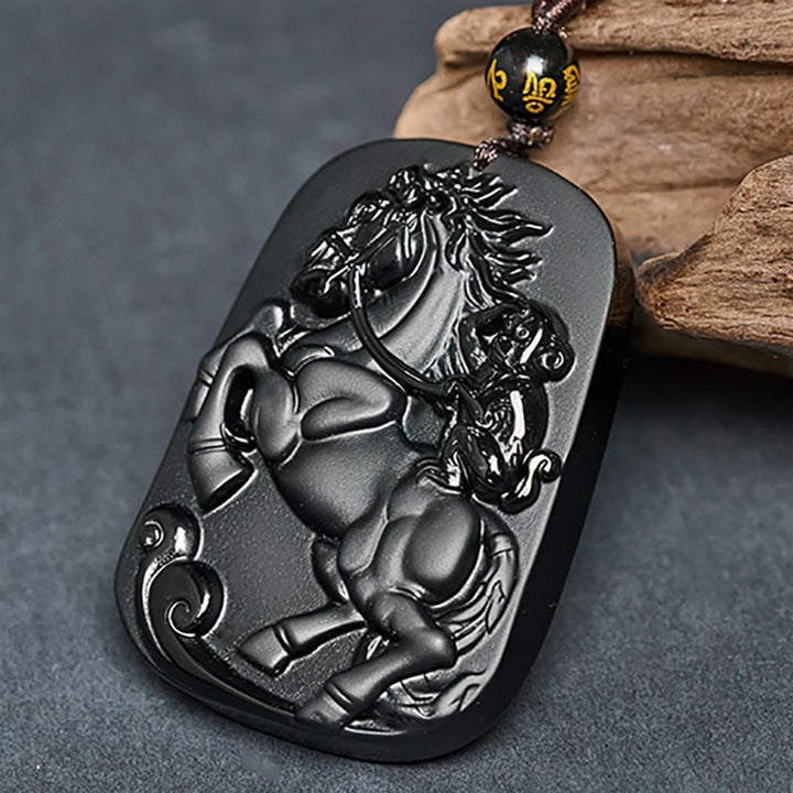 Buddha Stones Rok Konia Wzór Małpy Om Mani Padme Hum Czarny Obsydian Naszyjnik Siła Wisiorek - image 3