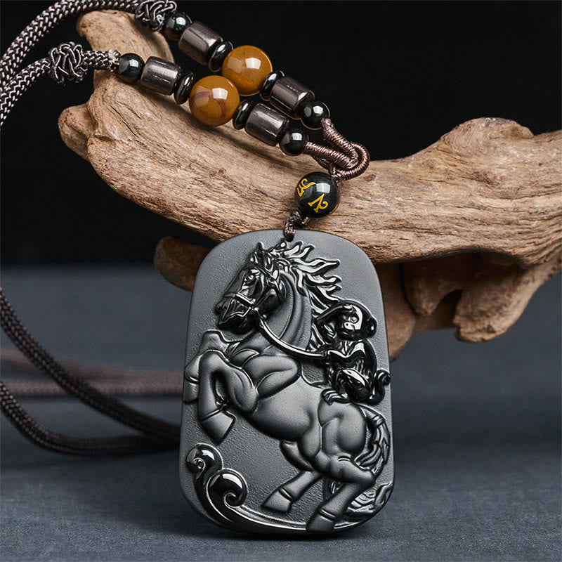 Buddha Stones Rok Konia Wzór Małpy Om Mani Padme Hum Czarny Obsydian Naszyjnik Siła Wisiorek - image 1