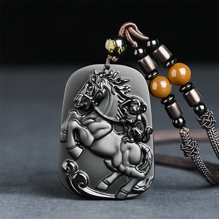 Buddha Stones Rok Konia Wzór Małpy Om Mani Padme Hum Czarny Obsydian Naszyjnik Siła Wisiorek - Koń, małpa i sześć prawdziwych słów - image 0