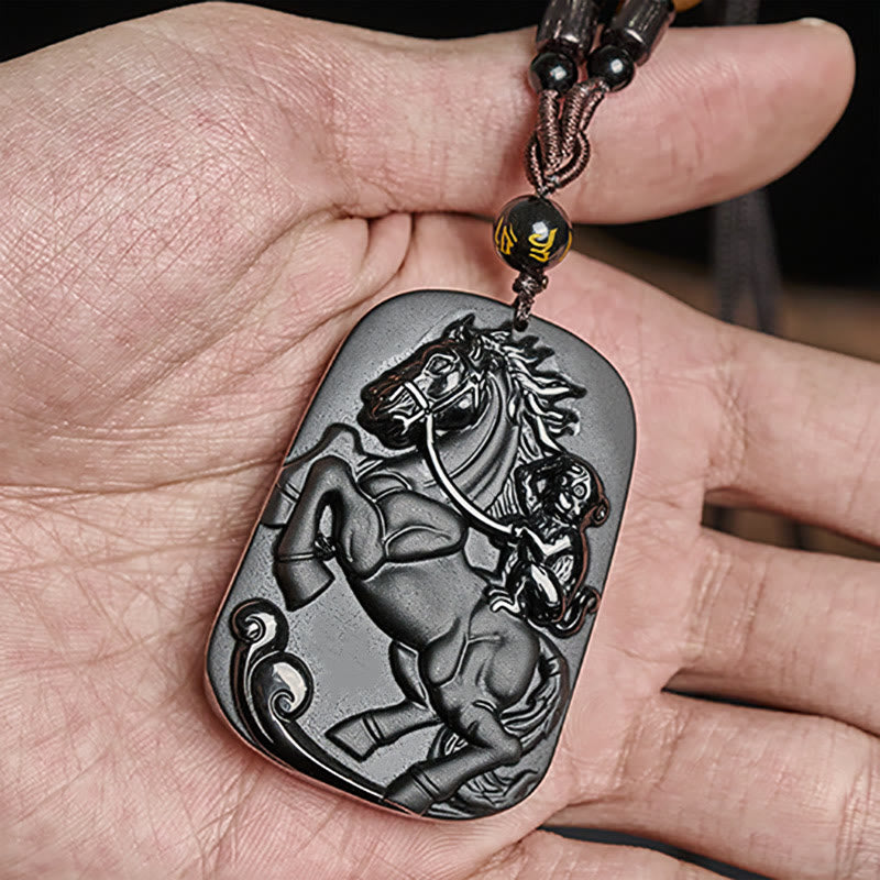 Buddha Stones Rok Konia Wzór Małpy Om Mani Padme Hum Czarny Obsydian Naszyjnik Siła Wisiorek - image 5
