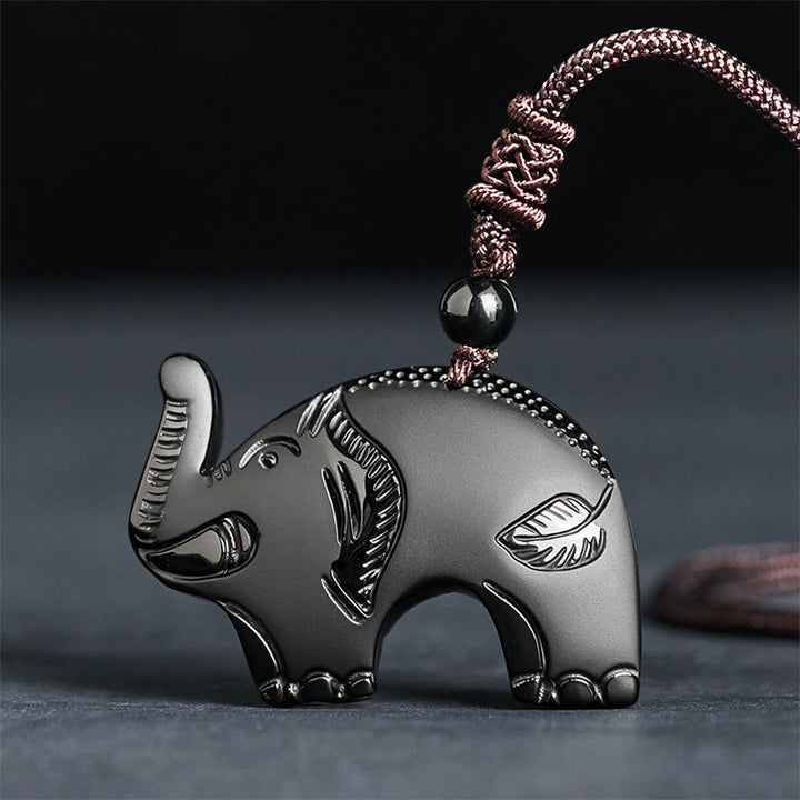 Naszyjnik z Buddha Stones z symbolem słonia, rzeźbiony wzór, czarny obsydian, siła - Czarny obsydian (rozmiar wisiorka: 29*42 mm) - image 0