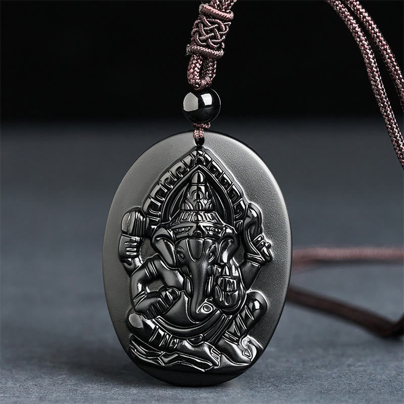 Naszyjnik z wisiorkiem z Buddha Stones , rzeźbionym słoniem Ganesh, naturalnym czarnym obsydianem - Czarny obsydian (rozmiar wisiorka: 53*39 mm) - image 0