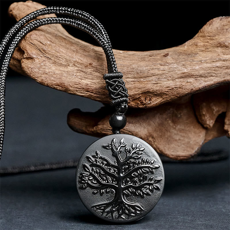Naszyjnik z Buddha Stones Naturalny Wzór Drzewa Życia z Czarnego Obsydianu Transformacja - image 1