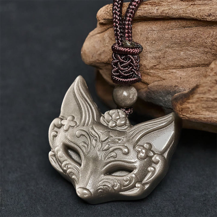 Naszyjnik z wisiorkiem z Buddha Stones z motywem lisa i srebrnym połyskiem z obsydianu i lodu - Obsydian o srebrnym połysku (rozmiar wisiorka: 29*31 mm) - image 0