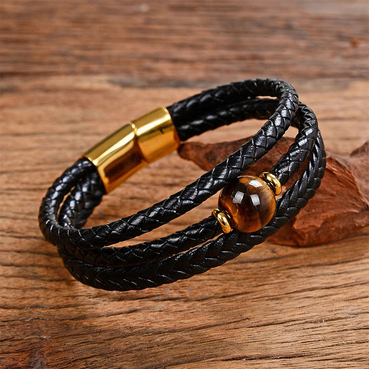 Bransoletka z wielokolorowych Buddha Stones z ametystem i lazurytem, ​​z sześcioma prawdziwymi słowami, pleciona ze skóry, z balansem - Tygrysie oko - 18-22 cm - image 19