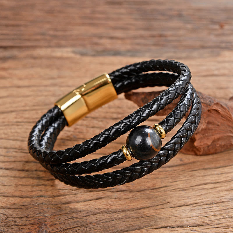 Bransoletka z wielokolorowych Buddha Stones z ametystem i lazurytem, ​​z sześcioma prawdziwymi słowami, pleciona ze skóry, z balansem - Czarny Liuli - 18-22 cm - image 5