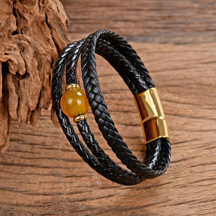 Bransoletka z wielokolorowych Buddha Stones z ametystem i lazurytem, ​​z sześcioma prawdziwymi słowami, pleciona ze skóry, z balansem - Agat żółty - 18-22 cm - image 25