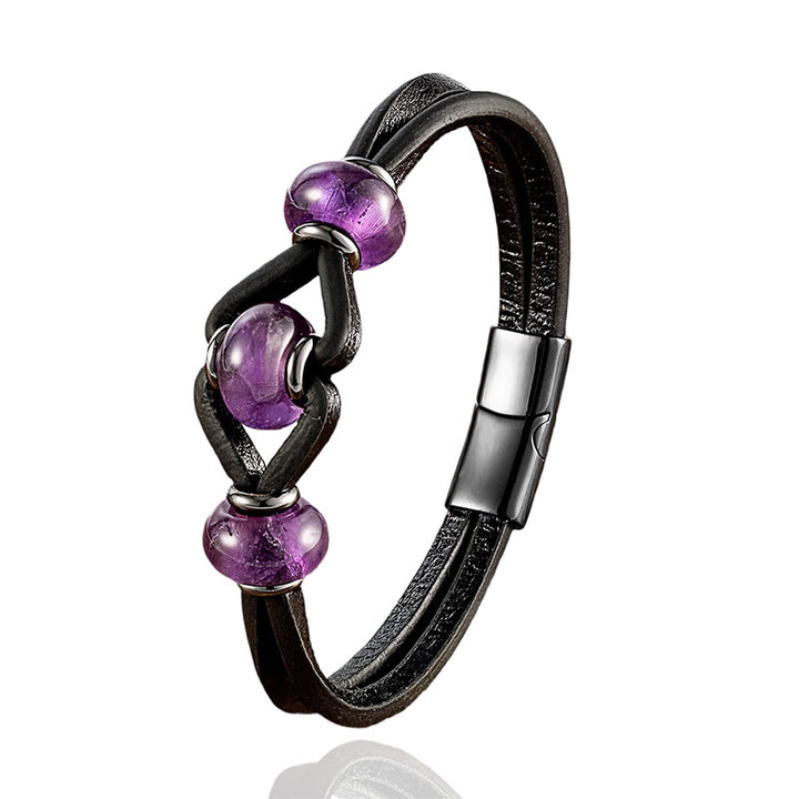Bransoletka okrągła z podwójnym skórzanym kryształem ametystu i Buddha Stones, łagodząca stres - image 1