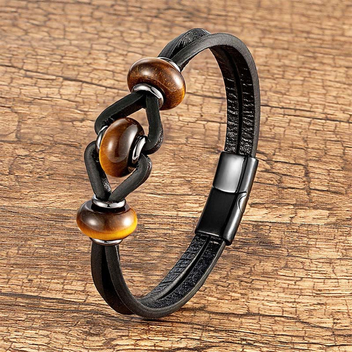 Bransoletka okrągła z podwójnym skórzanym kryształem ametystu i Buddha Stones, łagodząca stres - Tygrysie oko - 18-22 cm - image 11