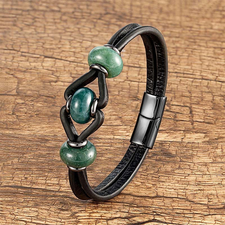 Bransoletka okrągła z podwójnym skórzanym kryształem ametystu i Buddha Stones, łagodząca stres - Agat mszysty - 18-22 cm - image 13