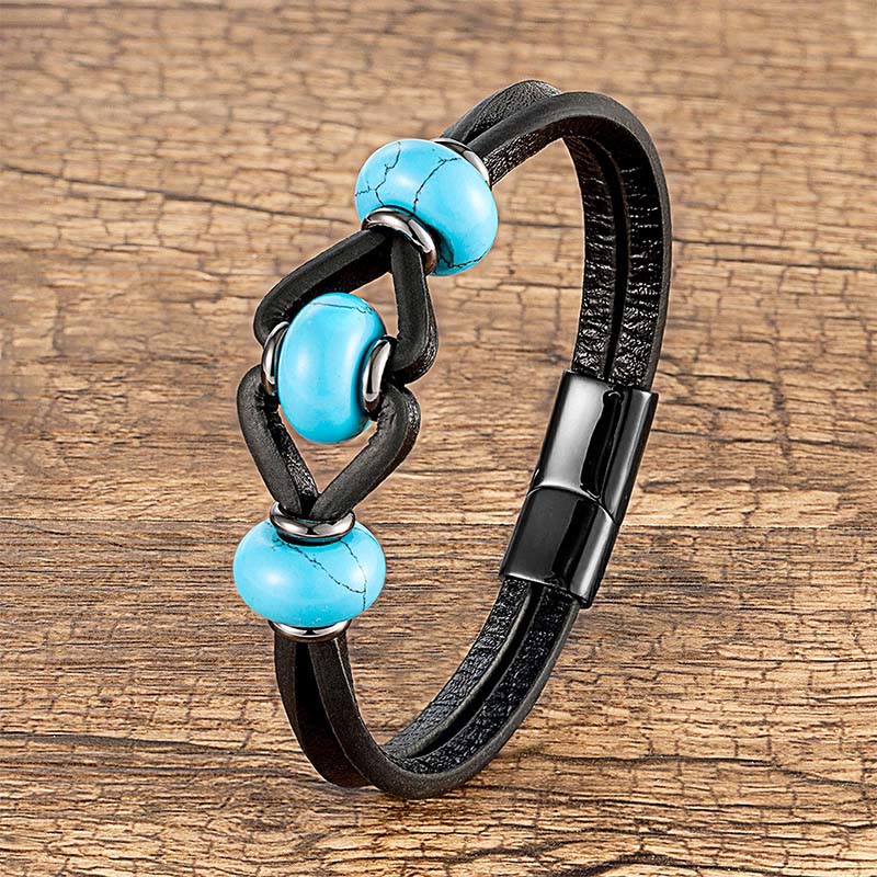 Bransoletka okrągła z podwójnym skórzanym kryształem ametystu i Buddha Stones, łagodząca stres - Turkus - 18-22 cm - image 4