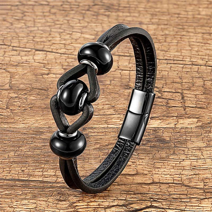 Bransoletka okrągła z podwójnym skórzanym kryształem ametystu i Buddha Stones, łagodząca stres - Czarny onyks - 18-22 cm - image 7